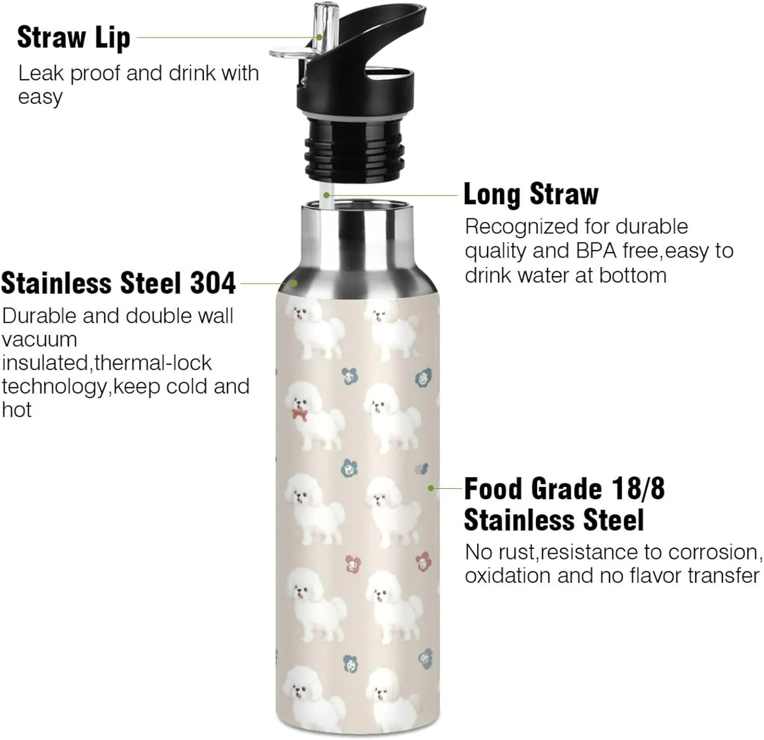 Bichon Frise Teacup Water Bottle with Straw Lid Double Wall Cute Thermos Bottle Vacuum Insulated Flask Stainless Steel Water Bottle for Gym Outdoor 20 OZ