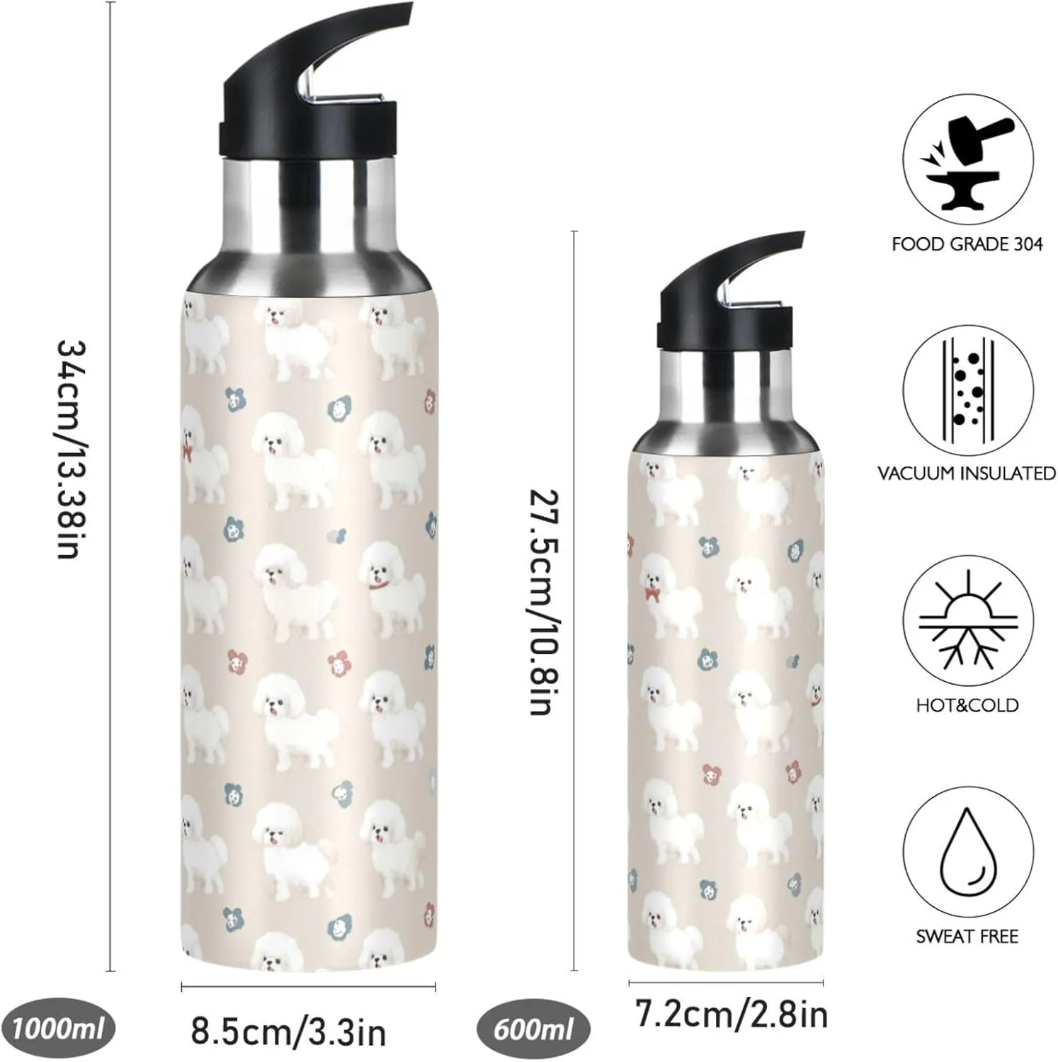 Bichon Frise Teacup Water Bottle with Straw Lid Double Wall Cute Thermos Bottle Vacuum Insulated Flask Stainless Steel Water Bottle for Gym Outdoor 20 OZ