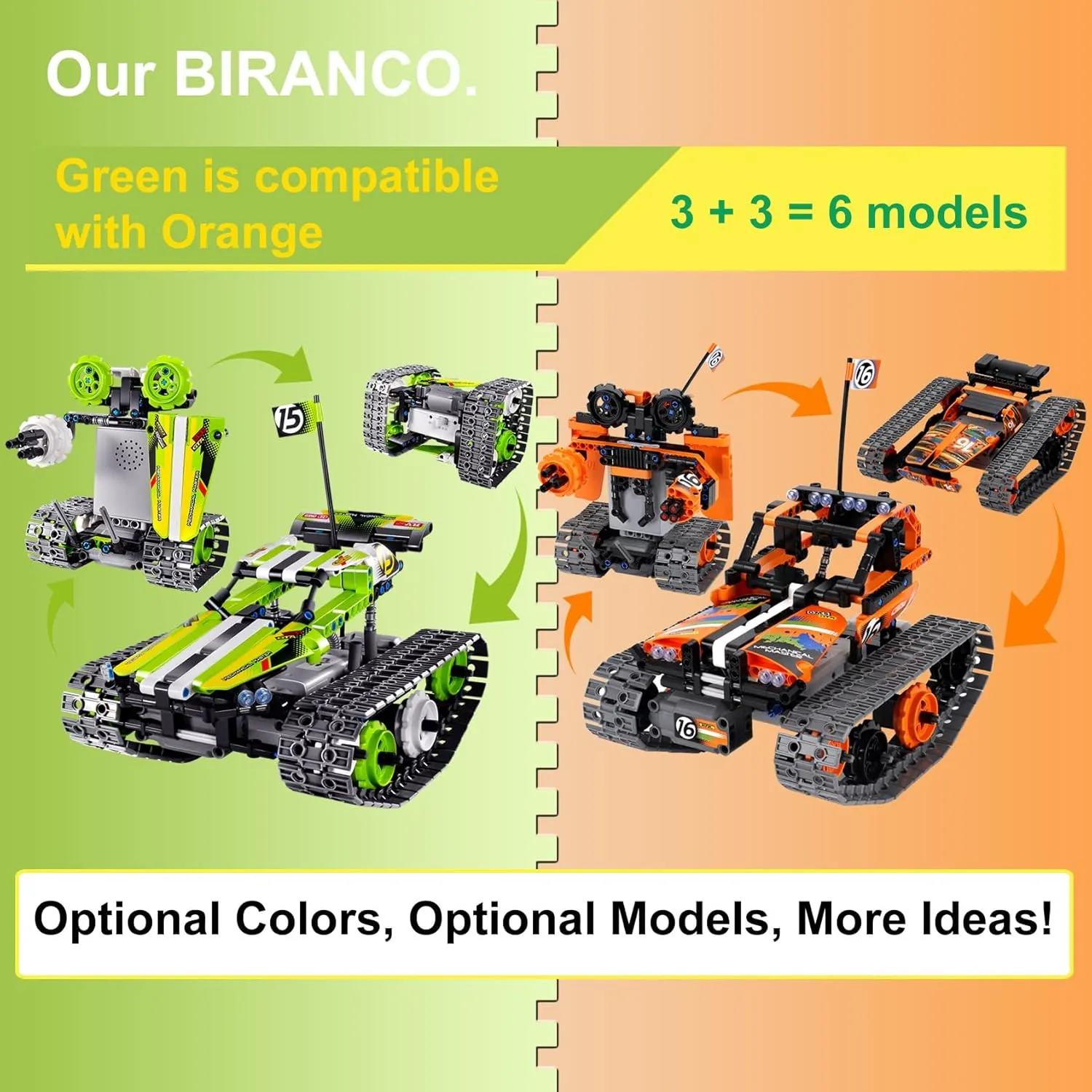 BIRANCO. Remote Control Tracked 3in1 Stunt Racer Building Kit - RC Car STEM Construction Toy, Gift Idea for Kids, Boys and Girls Ages 8-12 Year Old (353 Pcs)