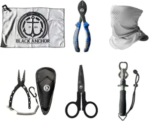 Black Anchor Fishing Accessory Kit | 6.7" Aluminum Plier, Stainless Lip Gripper, Buff Face Shield, Wire Cutter, Split Ring Braid Scissor, Microfiber Towel