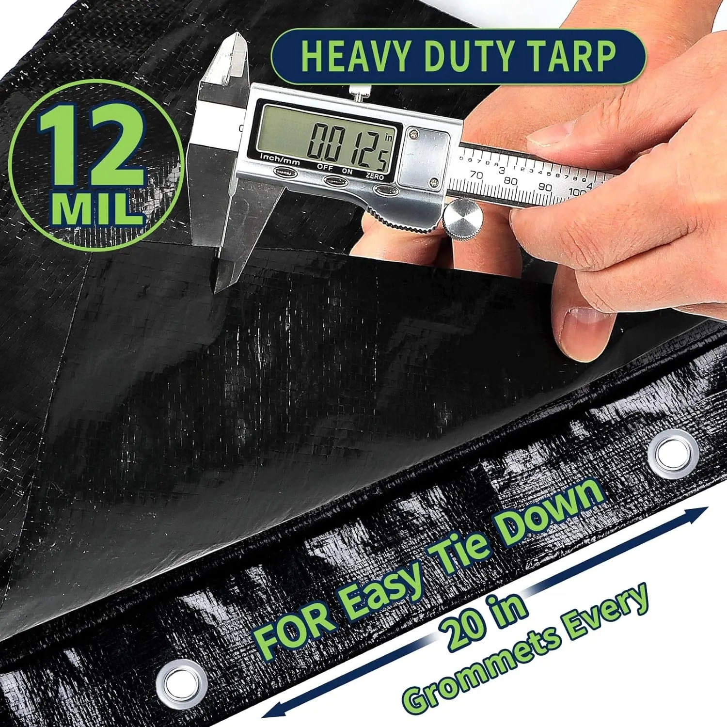 Black Tarps Heavy Duty Waterproof 20x30, 12 Mil Thick, High Durability, Rip and Tear Resistant with Metal Grommets Every 20 Inches