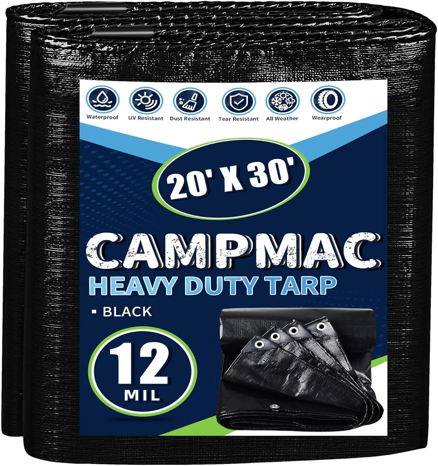 Black Tarps Heavy Duty Waterproof 20x30, 12 Mil Thick, High Durability, Rip and Tear Resistant with Metal Grommets Every 20 Inches