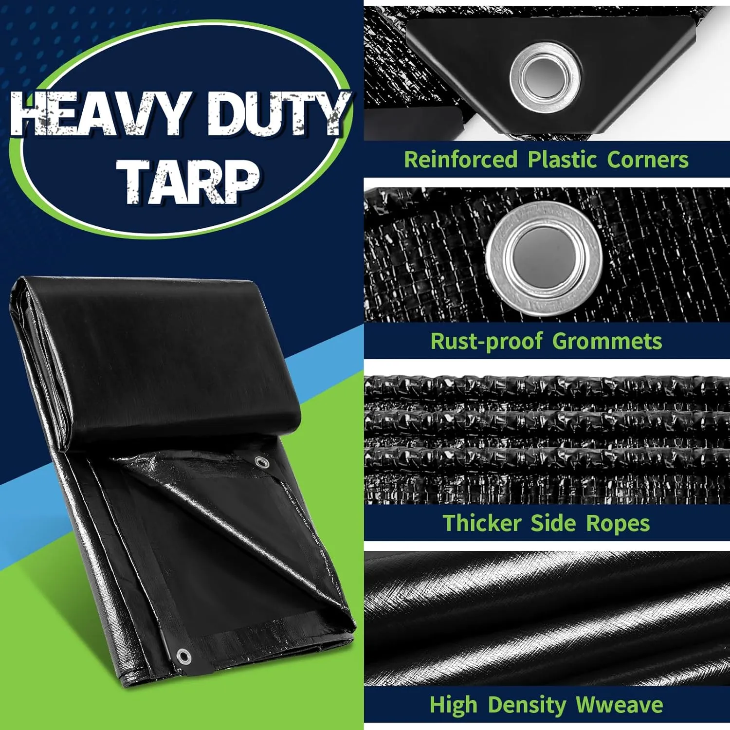Black Tarps Heavy Duty Waterproof 20x30, 12 Mil Thick, High Durability, Rip and Tear Resistant with Metal Grommets Every 20 Inches