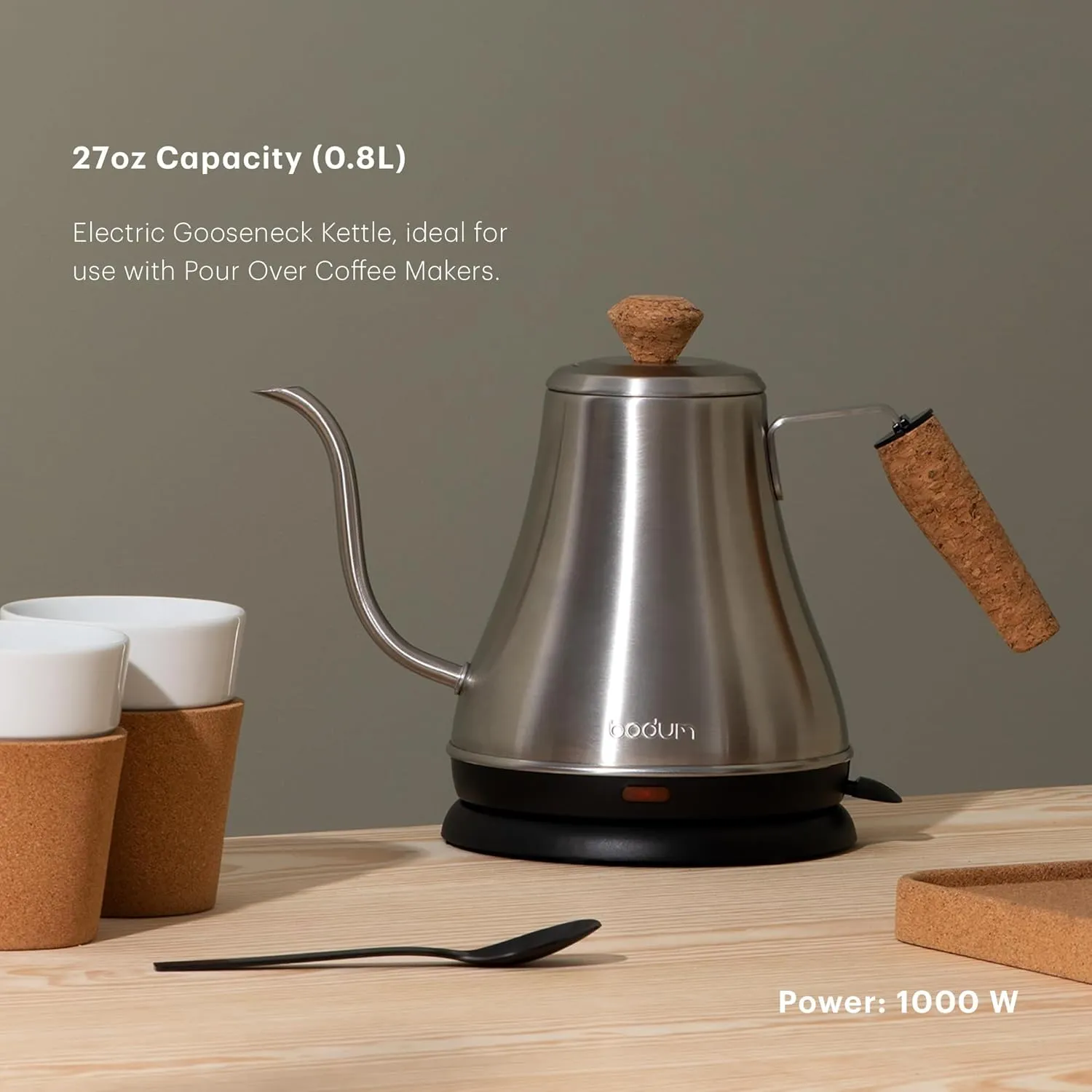 Bodum 27oz Melior Gooseneck Electric Water Kettle, Pour Over Coffee & Tea, Brushed Stainless Steel
