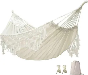 Boho Hammock - Large Double Deluxe Hammock Swing Bed with Carry Bag for Outdoor & Wedding Party Decor, White (78.7)