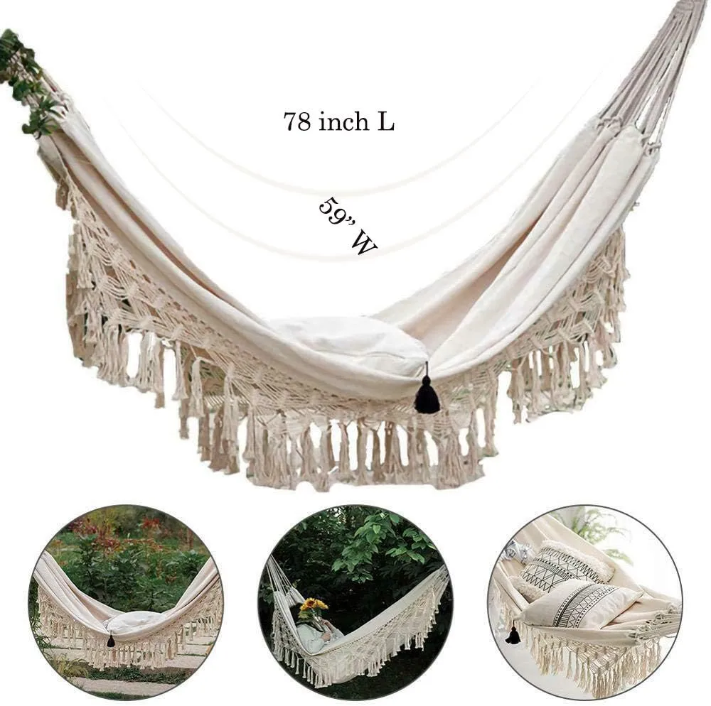 Boho Hammock - Large Double Deluxe Hammock Swing Bed with Carry Bag for Outdoor & Wedding Party Decor, White (78.7)