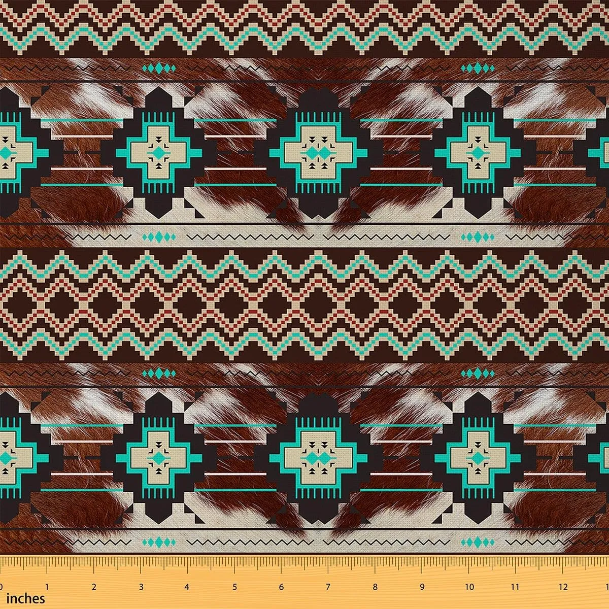 Brown Cowhide Aztec Upholstery Fabric for 2 Yard Western Aztec Cow Fur Print Decorative Waterproof Outdoor Fabric Ethnic Geometric Fabric by The Yard for Kids Toddler Boho Exotic Outdoor Fabric