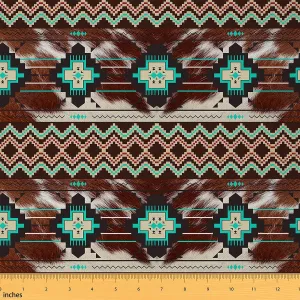 Brown Cowhide Aztec Upholstery Fabric for 2 Yard Western Aztec Cow Fur Print Decorative Waterproof Outdoor Fabric Ethnic Geometric Fabric by The Yard for Kids Toddler Boho Exotic Outdoor Fabric