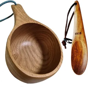 BSGB Wooden Cup Nordic Style Kuksa Portable Outdoor Camping Drinking Cup Traditional Coffee Mug with Leather Lanyard for Backpacking Camping Hiking Survival Teacup (Type B)