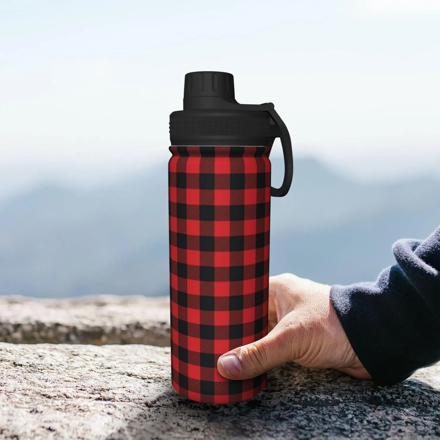 Buffalo Plaid Black and Red Check 18 OZ Sports Insulated Water Bottle Stainless Steel Kettle Novelty Drinking Cup for Outdoor Gym Travel