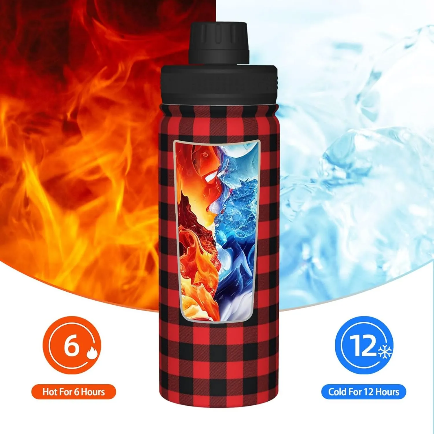 Buffalo Plaid Black and Red Check 18 OZ Sports Insulated Water Bottle Stainless Steel Kettle Novelty Drinking Cup for Outdoor Gym Travel