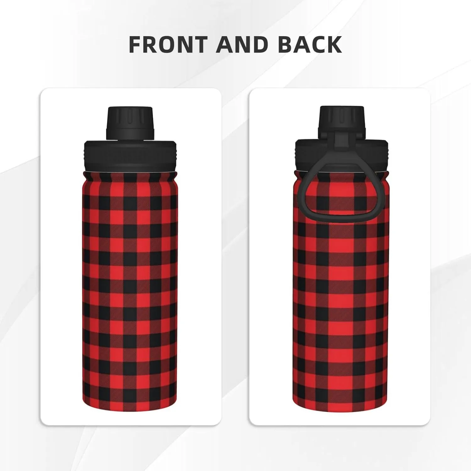 Buffalo Plaid Black and Red Check 18 OZ Sports Insulated Water Bottle Stainless Steel Kettle Novelty Drinking Cup for Outdoor Gym Travel