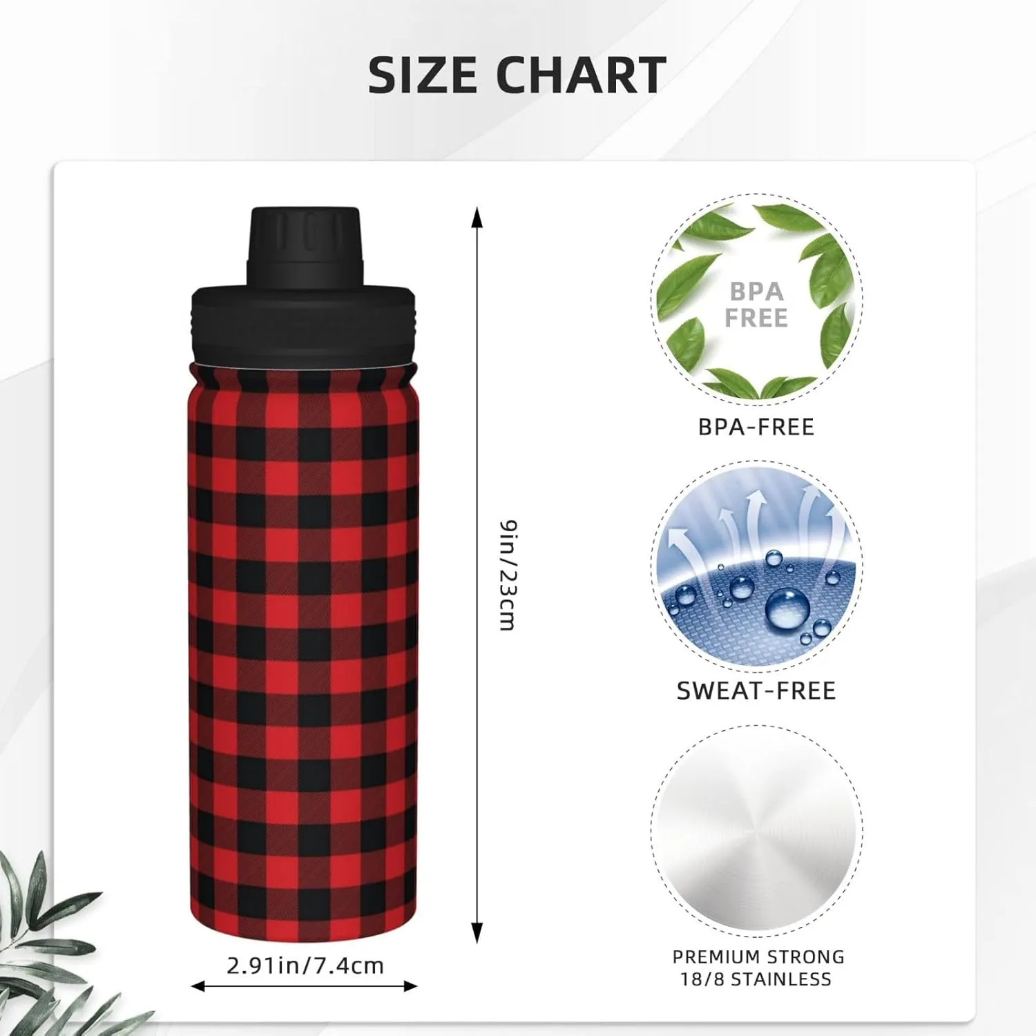 Buffalo Plaid Black and Red Check 18 OZ Sports Insulated Water Bottle Stainless Steel Kettle Novelty Drinking Cup for Outdoor Gym Travel