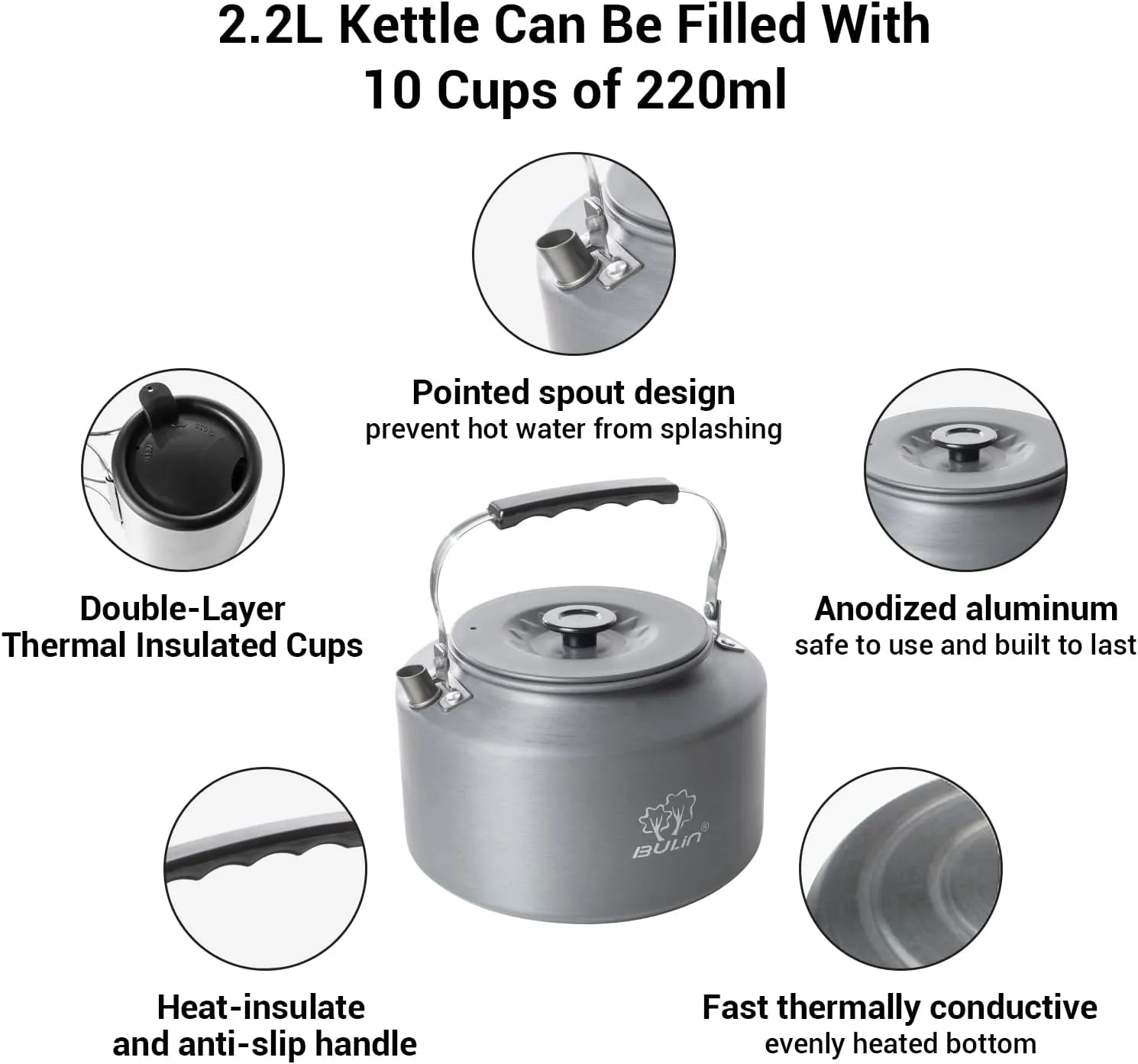 Bulin 2.2L Camping Kettle with 2&4 Stainless Steel Cups for Outdoor Camping Cookware Hiking Backpacking Kitchen Campfire and Picnic, Carrying Bag