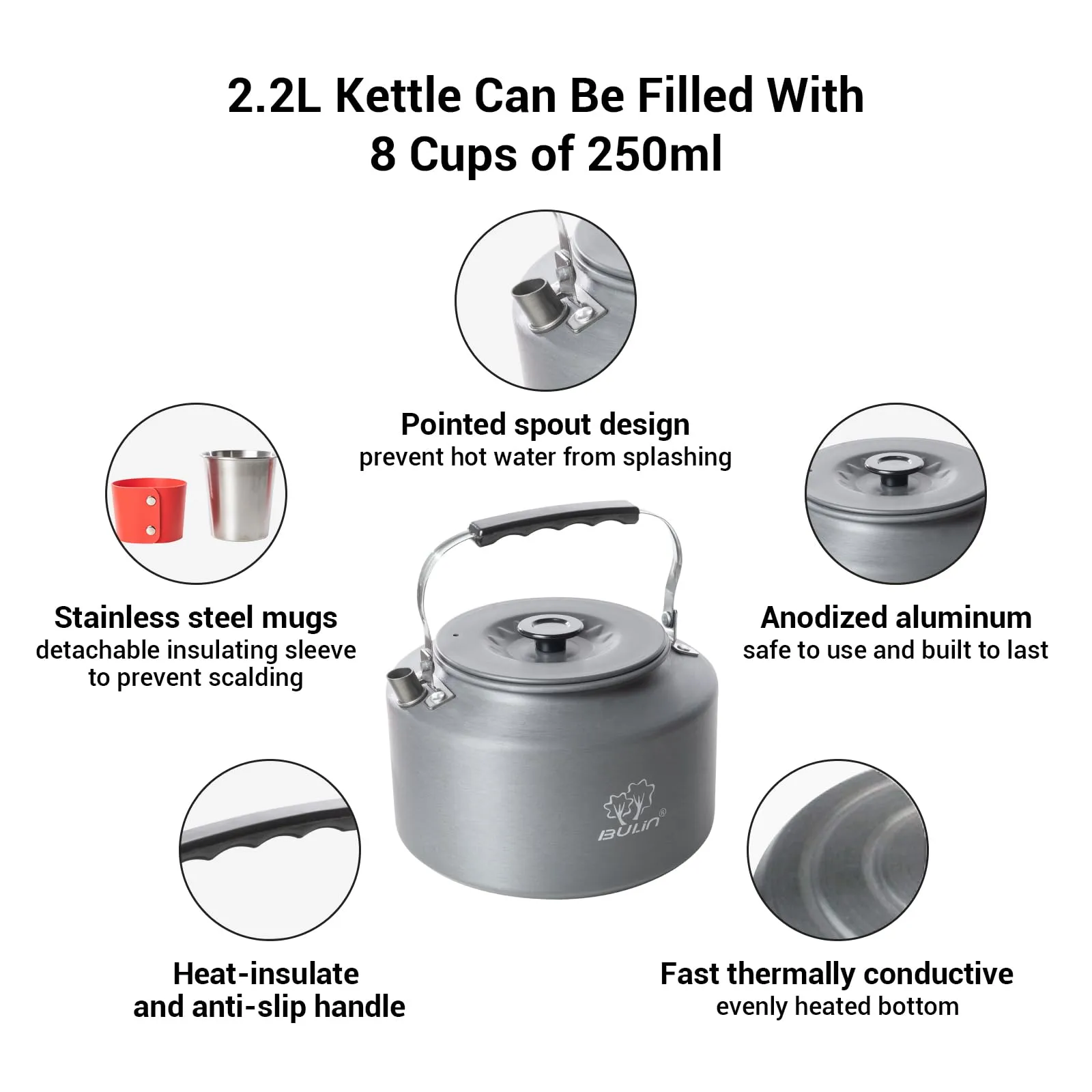 BULIN Kettle 2.2L Camping Kettle Set with 4 Cups