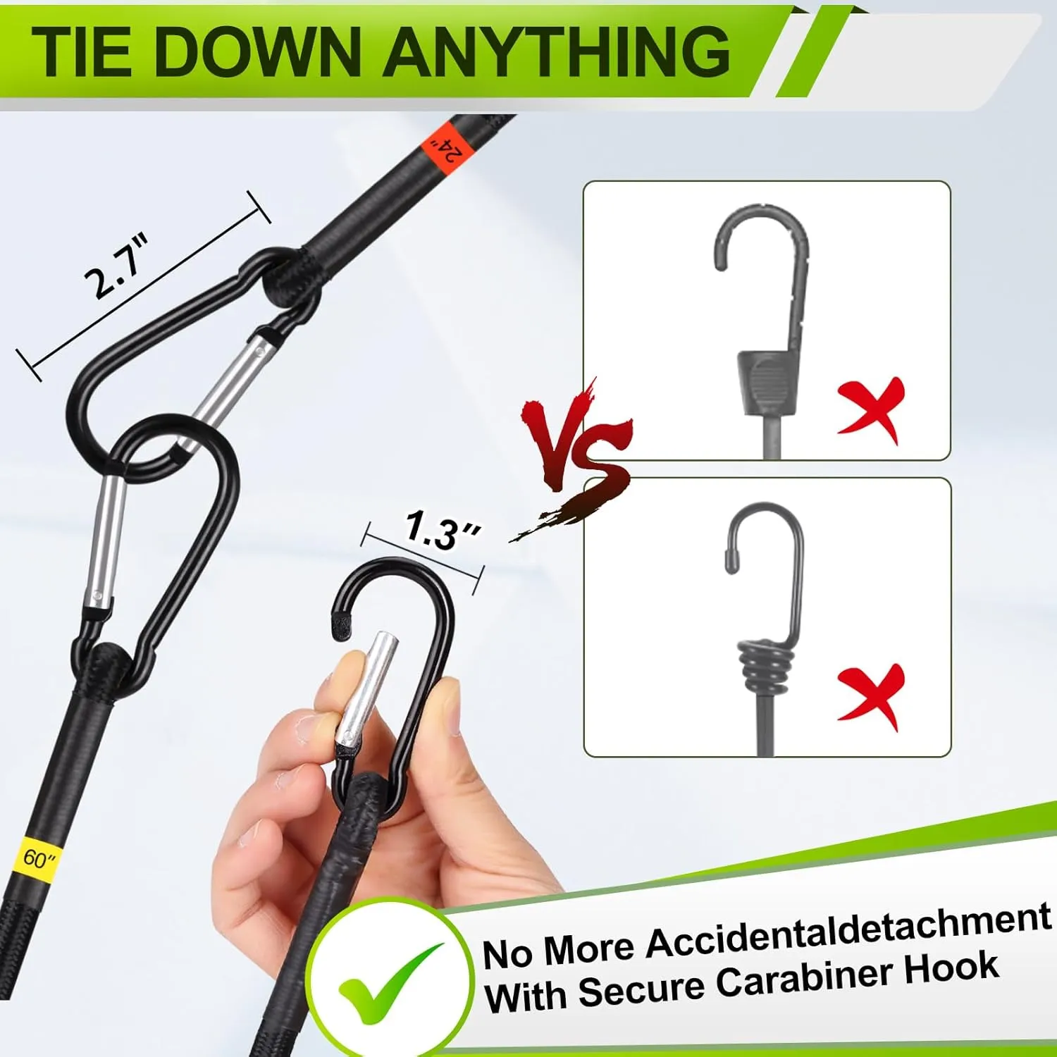 Bungee Cords Set 28pcs Heavy Duty Outdoor Roll Bungie Cord Bundle with Carabiner Hooks 10" 18" 24" 36" 48" 60" Black Bungee Straps Ball Bungee Cords and Tent Clip (28Pcs-Black)