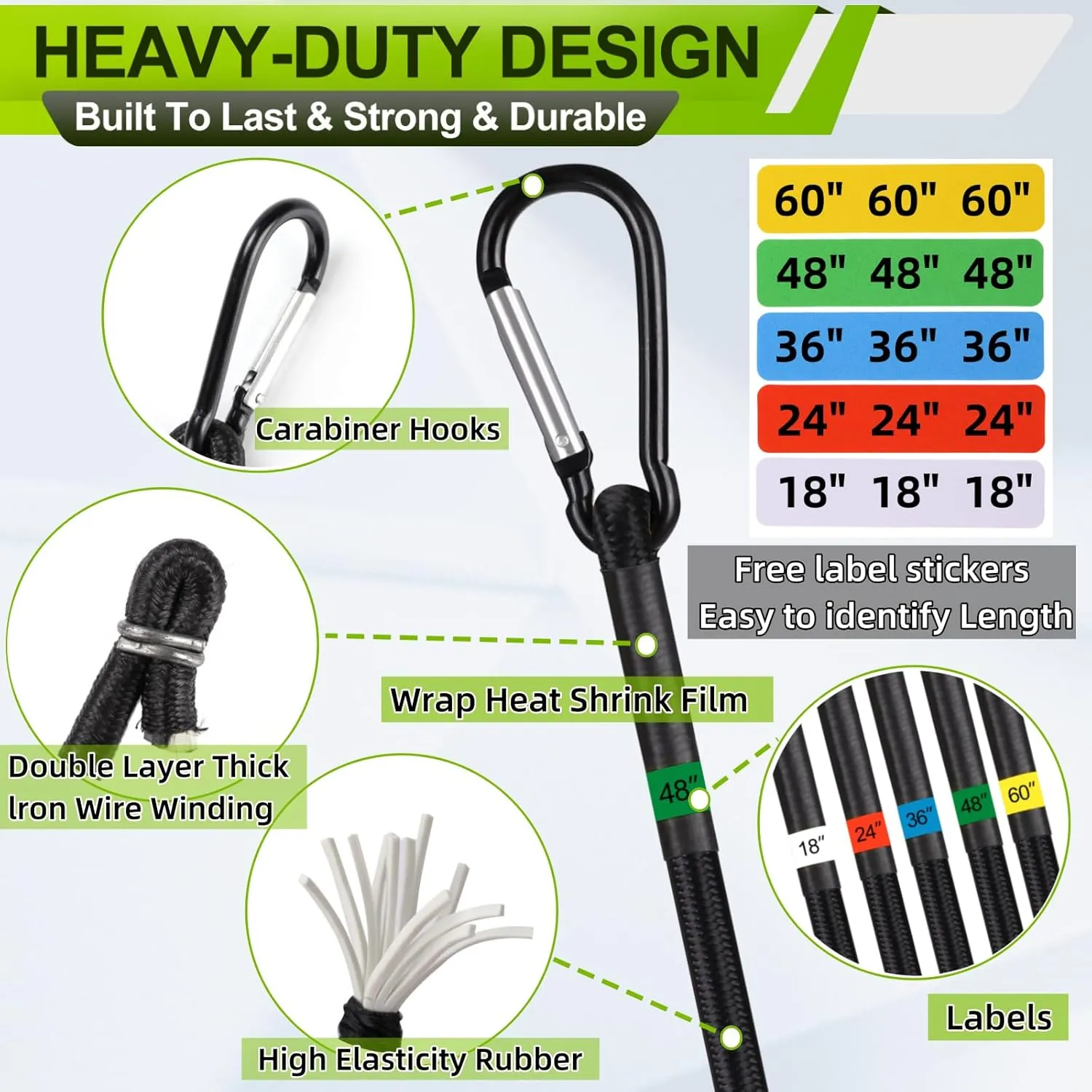 Bungee Cords Set 28pcs Heavy Duty Outdoor Roll Bungie Cord Bundle with Carabiner Hooks 10" 18" 24" 36" 48" 60" Black Bungee Straps Ball Bungee Cords and Tent Clip (28Pcs-Black)