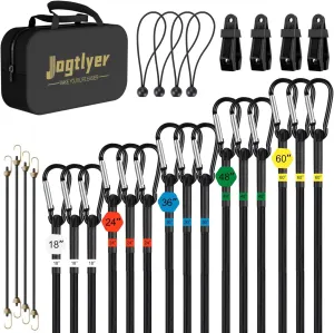 Bungee Cords Set 28pcs Heavy Duty Outdoor Roll Bungie Cord Bundle with Carabiner Hooks 10" 18" 24" 36" 48" 60" Black Bungee Straps Ball Bungee Cords and Tent Clip (28Pcs-Black)