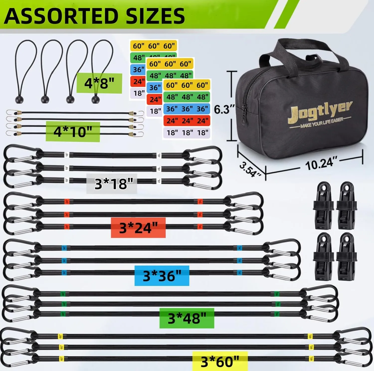 Bungee Cords Set 28pcs Heavy Duty Outdoor Roll Bungie Cord Bundle with Carabiner Hooks 10" 18" 24" 36" 48" 60" Black Bungee Straps Ball Bungee Cords and Tent Clip (28Pcs-Black)