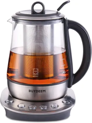 BUYDEEM K2423 Tea Maker, 316 Stainless Steel & Heat Resistant DURAN® Glass Electric Kettle, Removable Infuser, Auto Keep Warm, 1.2L