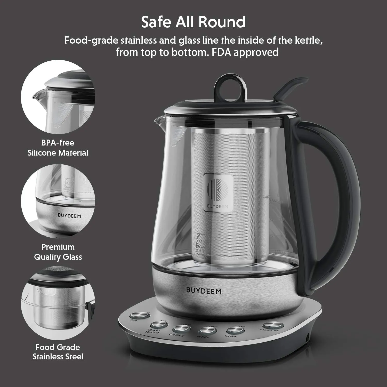 BUYDEEM K2423 Tea Maker, 316 Stainless Steel & Heat Resistant DURAN® Glass Electric Kettle, Removable Infuser, Auto Keep Warm, 1.2L