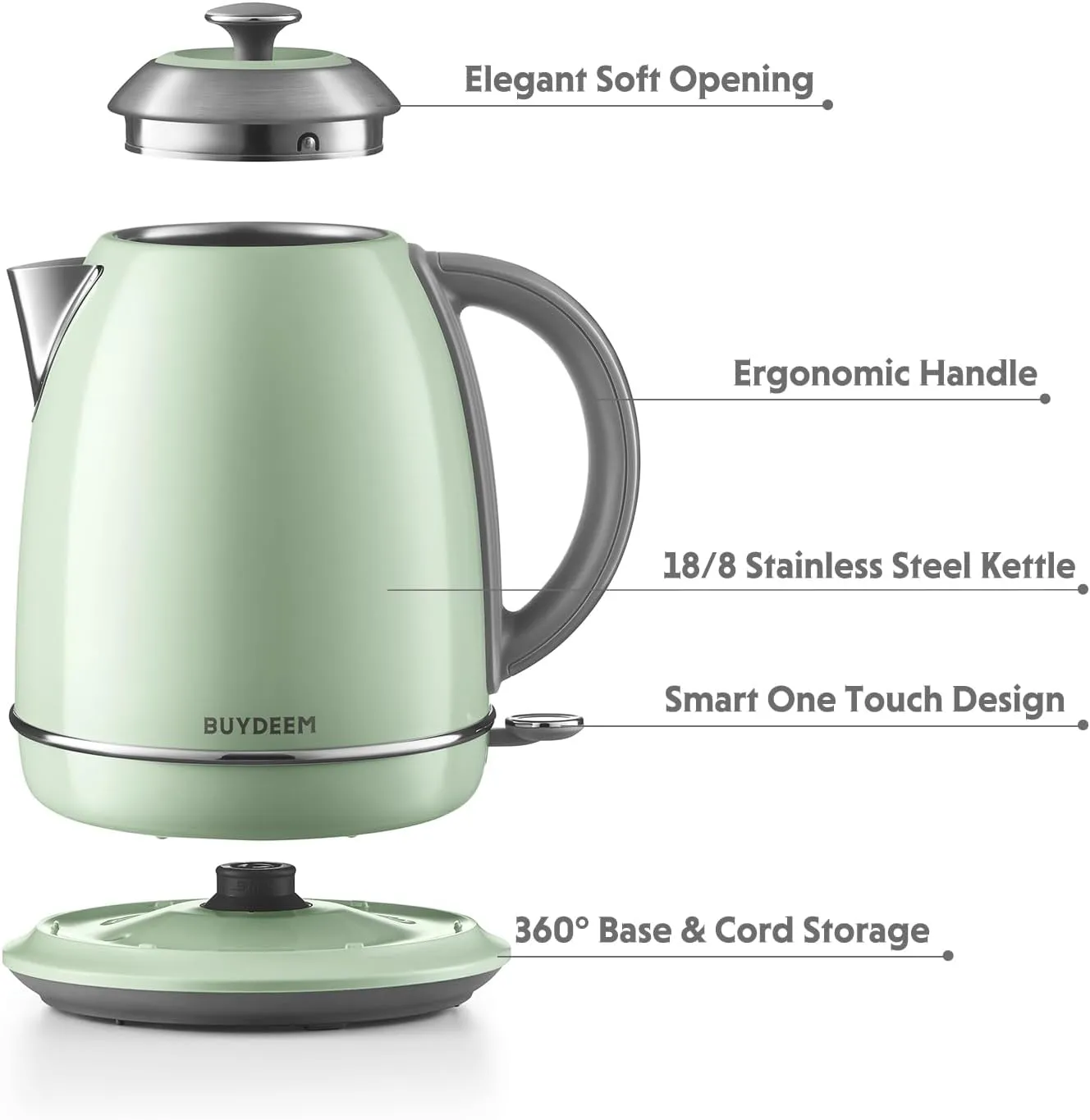 BUYDEEM K640 Stainless Steel Electric Tea Kettle with Auto Shut-Off and Boil Dry Protection, 1.7 Liter Cordless Hot Water Boiler with Swivel Base, 1440W, Cozy Greenish