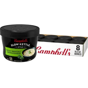 Campbell's Slow Kettle Style Creamy Broccoli Cheddar Bisque, 15.5 oz Microwavable Bowl (Case of 8)