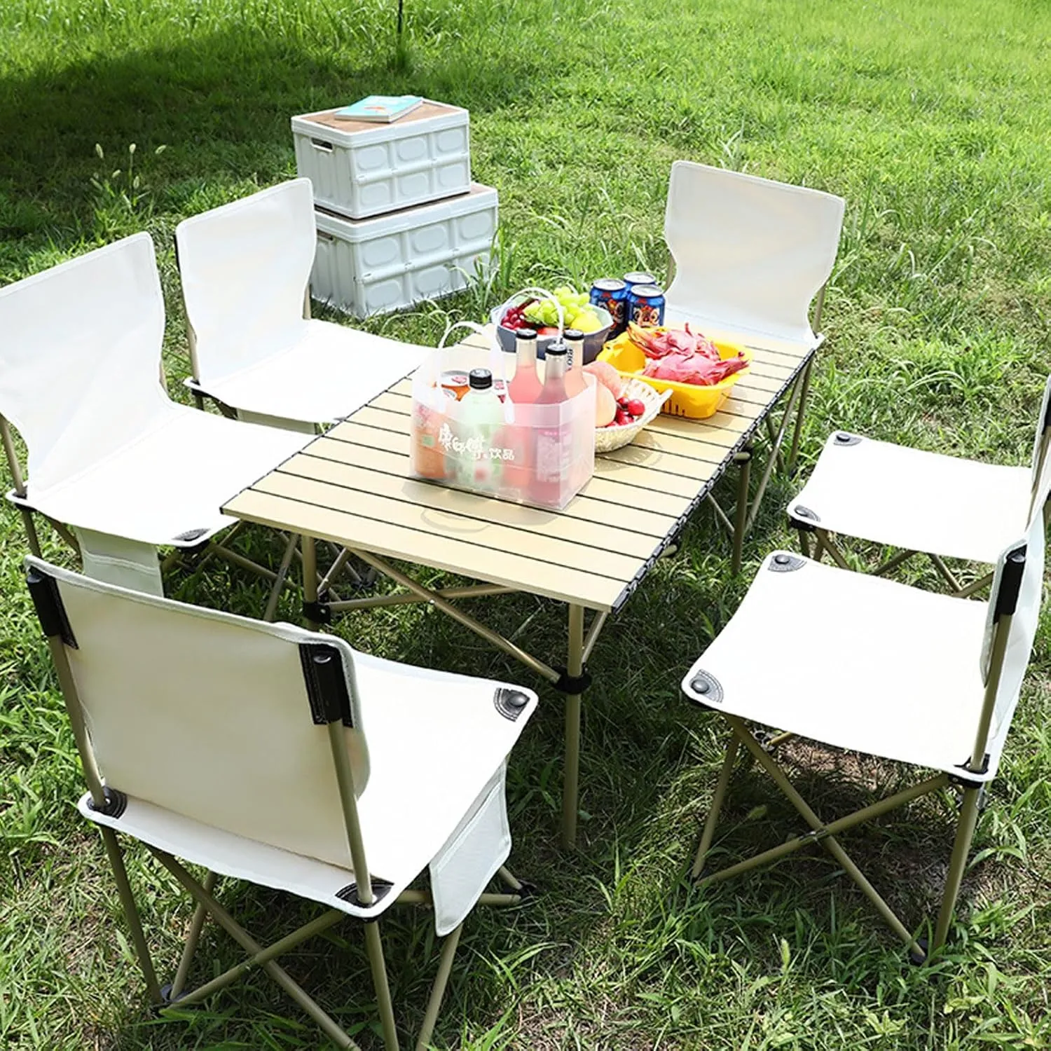 Camping air Set with Aluminum Roll-up Folding Table, Folding Lawn airs Portable Camp Table Lawn Foldable air with Storage Bags, for Outdoor Travel