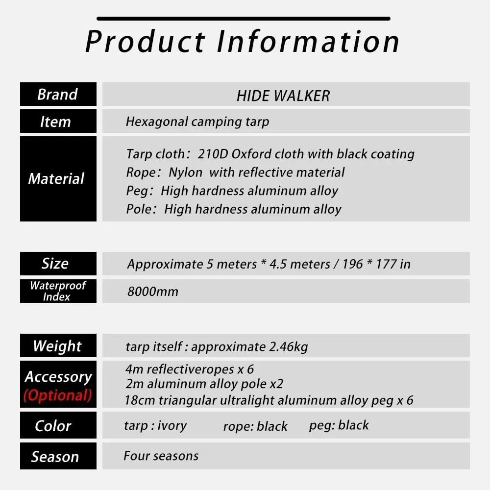 Camping Awning Canopy Tarp Durable Waterproof Lightweight for Outdoor Tent Shade Multi-Purpose Use(Kit B Without Pole)