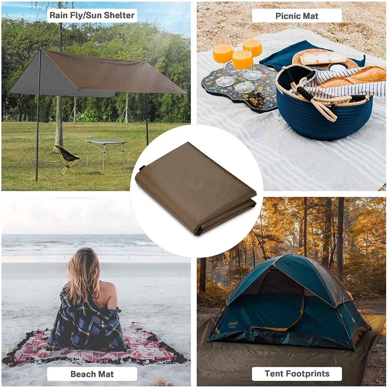 Camping Canopy Shelter - Duty 2000mm Waterproof Tarp with Stakes & Ropes, Multi-Use Emergency Tent for Hiking, Beach (Silver Coated Khaki,10x10 FT)