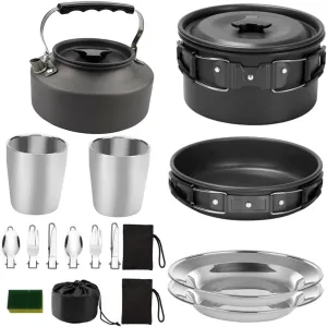 Camping Cooking Set Portable Picnic Dinner Plate Included Aluminum Alloy Cookware Outdoor Cooking Utensils Hiking Silverware Non-Sticks Pots for Backpacking