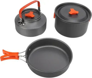 Camping Cooking Set with Tea Kettle Frying Pan Portable Aluminum Alloy Camping Cookware Mess Kit with Folding Handle for Backpacking, Outdoor Hiking and Picnic,for 2 to 3 People