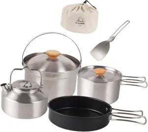 Camping Cookware Pot Pan Kettle Cook Gear Stainless Steel Portable Foldable