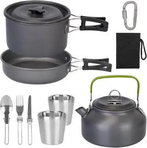 Camping Cookware Set, 12Pcs Aluminum Pot Pans Kit,Compact Camping Pots and Pans Set,Outdoor Backpacking Camping Hiking Picnic,Included Mesh Carry Bag