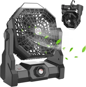 Camping Fan Rechargeable, 10400mAh Portable Battery Operated Camping Fan for Tents, Hangable USB Silent Camping Fans with LED Lantern, Suitable for Fishing, Camping, Bedroom, Workplace (Black)