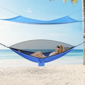 Camping Hammock, Hammocks with Mosquito Net Tent and Rain Fly Tarp, Double&Single Sizes w/Tree Straps and Attached Carry Bag, 400 lb Capacity, Indoor Outdoor Backpacking Travel (Blue)