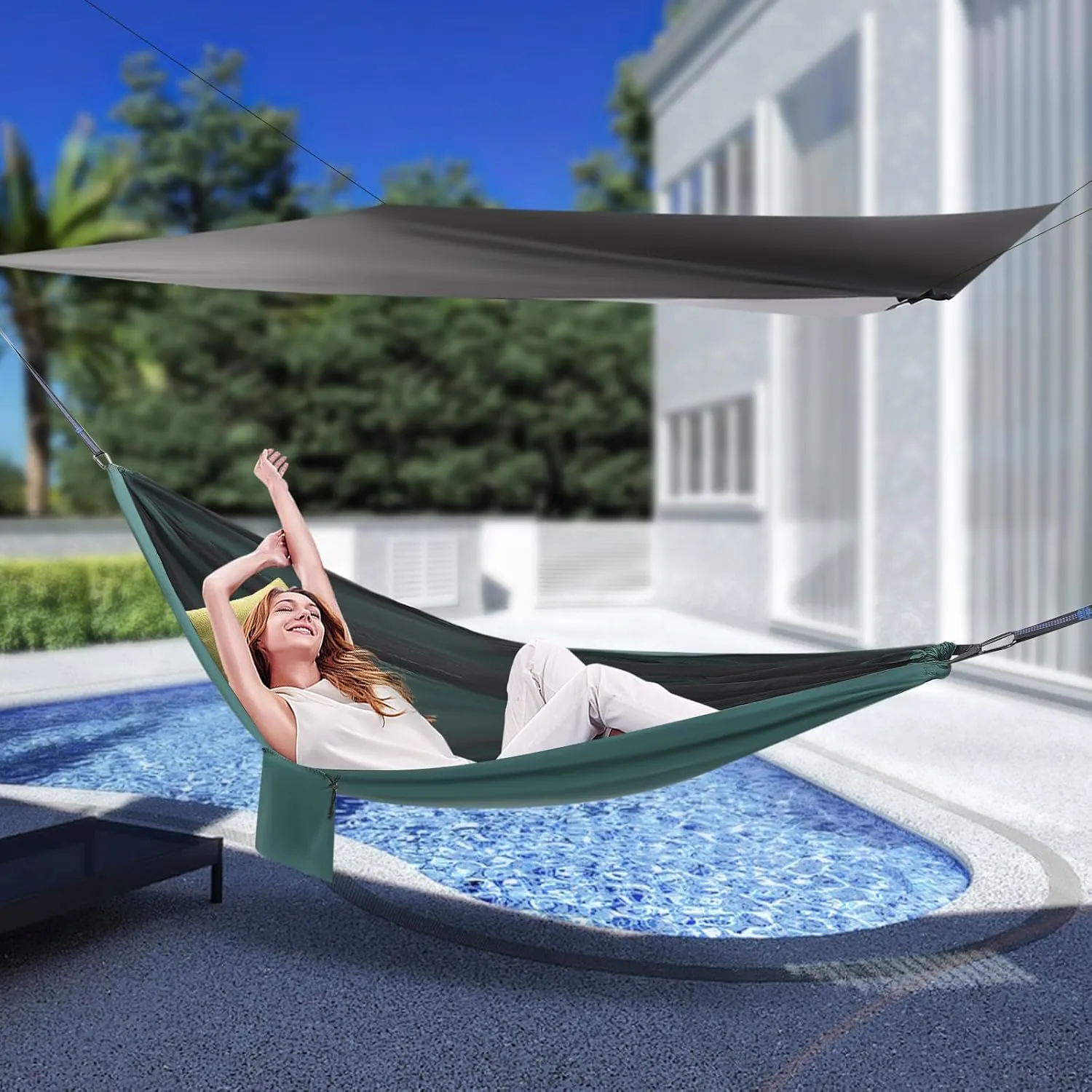 Camping Hammock, Hammocks with Net Tent and Rain Fly Tarp, Hold Up to 440bls, Hammock Tent for Outdoor Hiking Backpacking Survival Travel, 9.5 L*4.5ft W (Black, Blackish Green)
