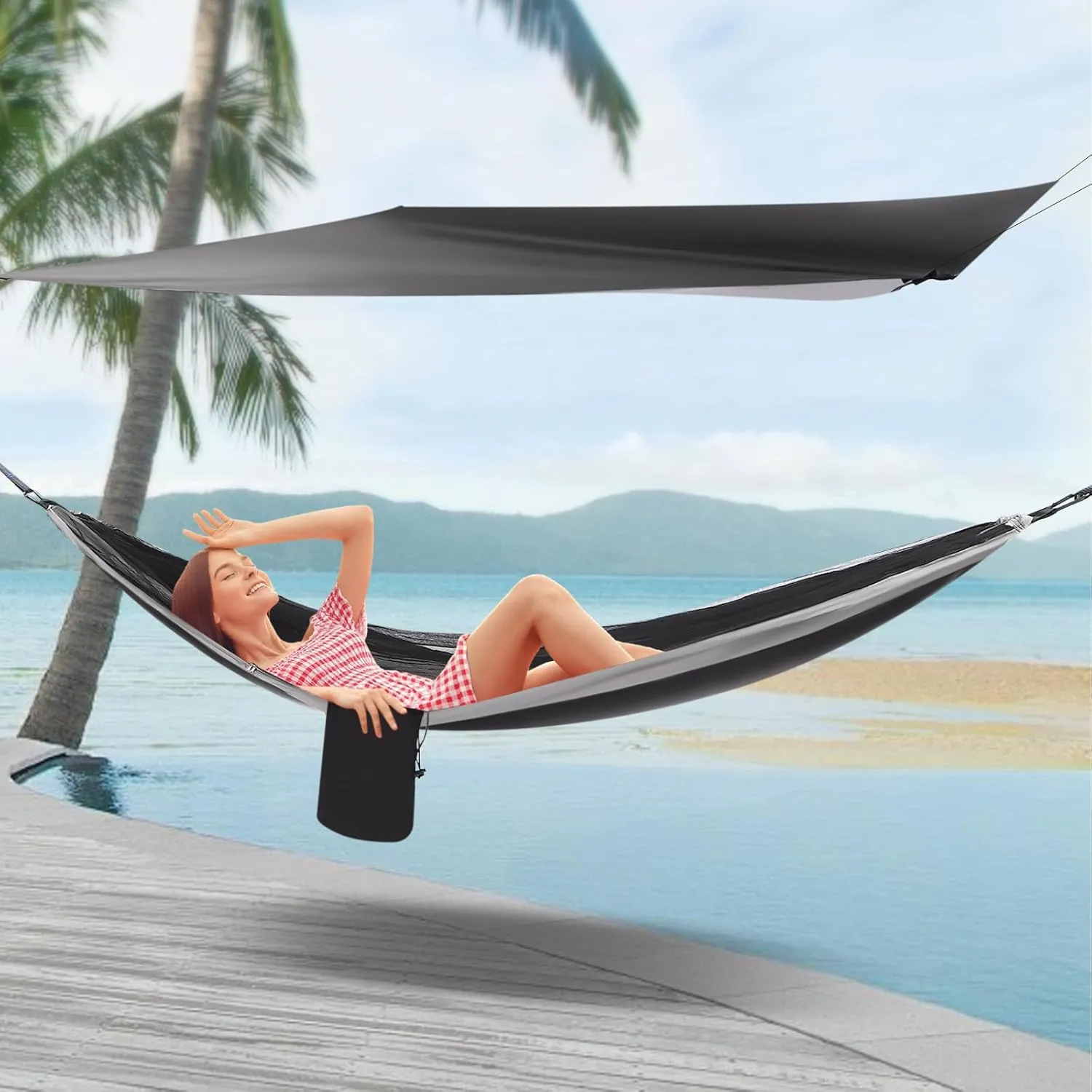 Camping Hammock, Hammocks with Net Tent and Rain Fly Tarp, Hold Up to 440bls, Hammock Tent for Outdoor Hiking Backpacking Survival Travel, 9.5 L*4.5ft W (Black, Grey)
