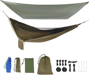 Camping Hammock, Hammocks with Rain Fly Tarp, Portable Nylon Parachute Single Double Hammock Tent Waterproof Rainfly Set for Camping Backpacking Backyard Patio Hiking Travel Outdoor