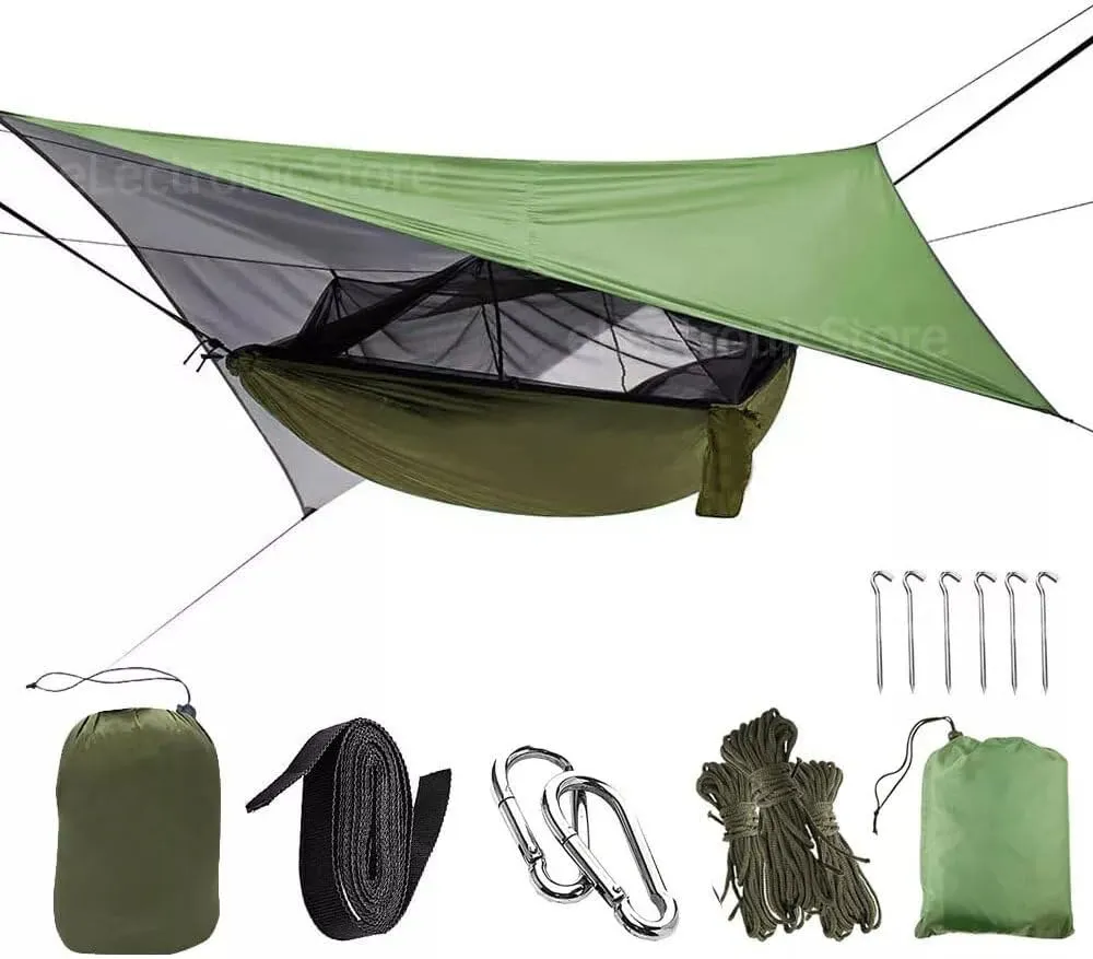 Camping Hammock - KANCOKIT Hammocks with Mosquito Net Tent and Rain Fly Tarp, Portable Double Nylon Parachute Hammock with Heavy Duty Tree Strap, Indoor Outdoor Backpacking Survival Travel