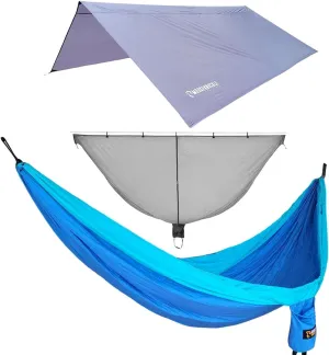 Camping Hammock Kit - Double Hammock with Rain Fly Tarp and Mosquito Net - 10ft Long Hammock - 10ft x 10ft Hammock Camping Tarp - Lightweight Hammock Bug Net (Blue)