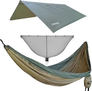 Camping Hammock Kit - Double Hammock with Rain Fly Tarp and Mosquito Net - 10ft Long Hammock - 10ft x 10ft Hammock Camping Tarp - Lightweight Hammock Bug Net (Green)