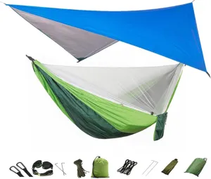 Camping Hammock Mosquito net and Hammock Canopy Portable Nylon Hammock rain Fly Tree Belt Hiking Camping Survival Travel Blue Green
