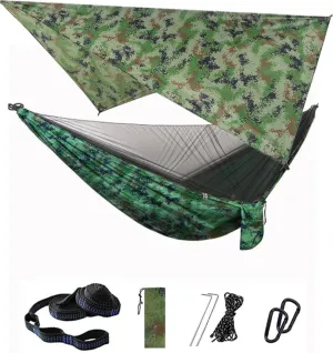 Camping Hammock Mosquito net and Hammock Canopy Portable Nylon Hammock rain Fly Tree Belt Hiking Camping Survival Travel CamoufandCamouf
