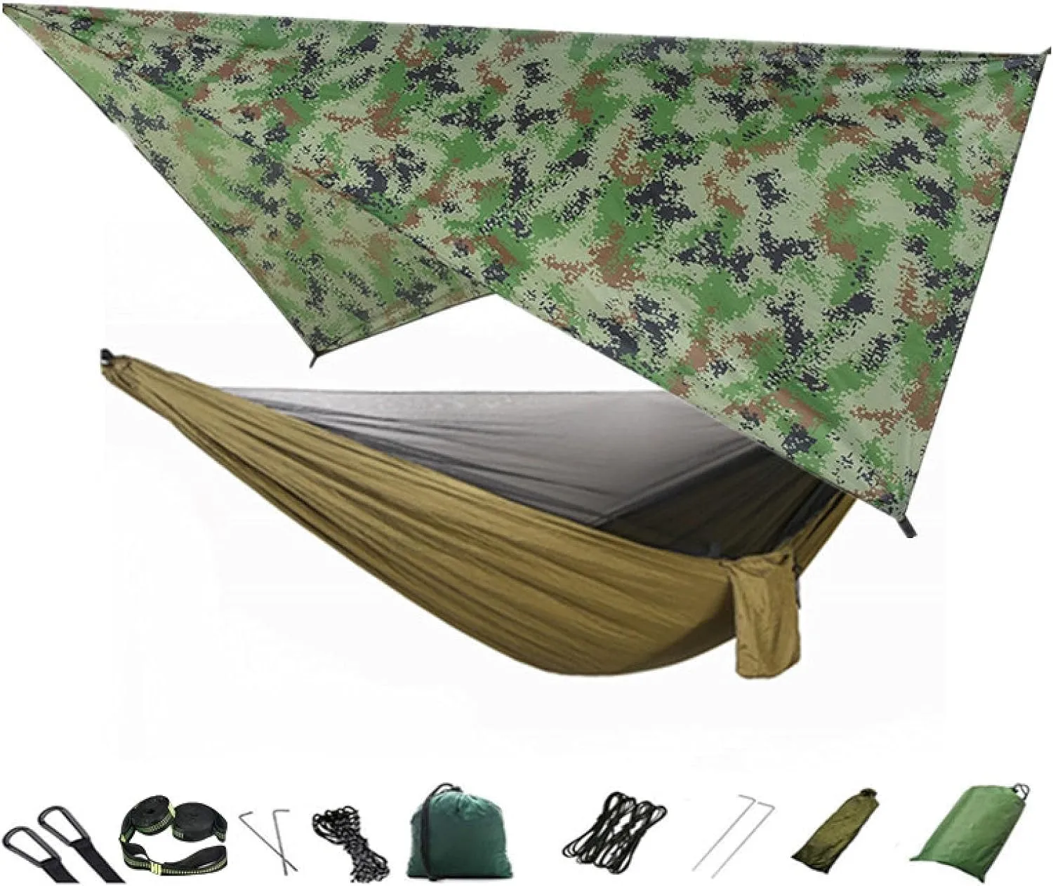 Camping Hammock Mosquito net and Hammock Canopy Portable Nylon Hammock rain Fly Tree Belt Hiking Camping Survival Travel Camouflage and Green