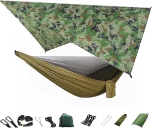 Camping Hammock Mosquito net and Hammock Canopy Portable Nylon Hammock rain Fly Tree Belt Hiking Camping Survival Travel Camouflage and Green