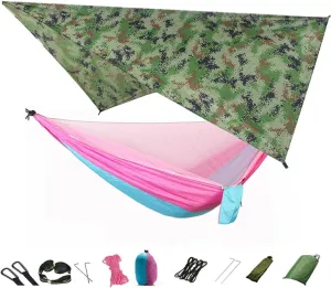 Camping Hammock Mosquito net and Hammock Canopy Portable Nylon Hammock rain Fly Tree Belt Hiking Camping Survival Travel Camouflage Pink