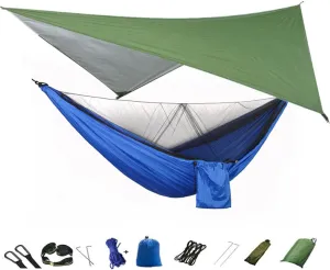 Camping Hammock Mosquito net and Hammock Canopy Portable Nylon Hammock rain Fly Tree Belt Hiking Camping Survival Travel Greenandblue