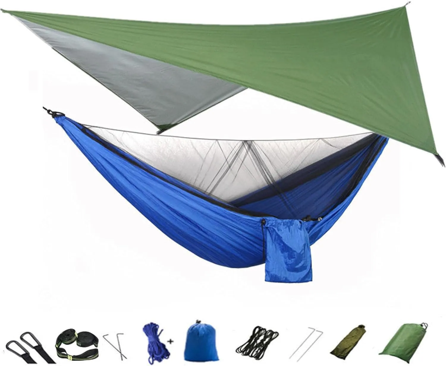 Camping Hammock Mosquito net and Hammock Canopy Portable Nylon Hammock rain Fly Tree Belt Hiking Camping Survival Travel Greenandblue