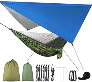 Camping Hammock Outdoor 2 in 1 Lightweight Portable Outdoor Mosquito Net Hammock Tent with Waterproof Canopy Awning Netting Set-C